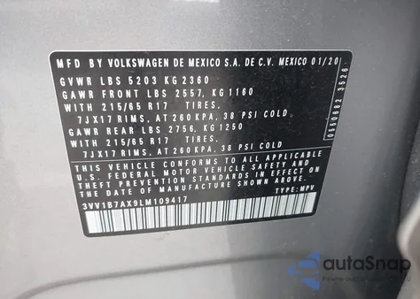 2020 Volkswagen Tiguan 2.0T S from USA, damaged, VIN 3VV1B7AX9LM109417